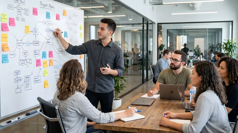 Five people in a working session around a table, one at the whiteboard.